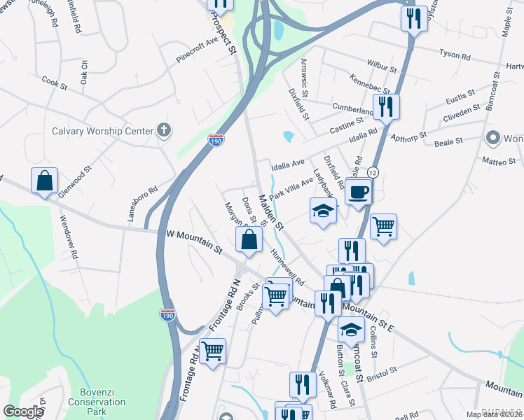 map of restaurants, bars, coffee shops, grocery stores, and more near 90 Malden Street in Worcester