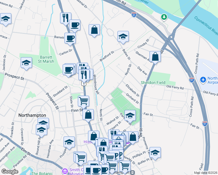 map of restaurants, bars, coffee shops, grocery stores, and more near 8 View Avenue in Northampton