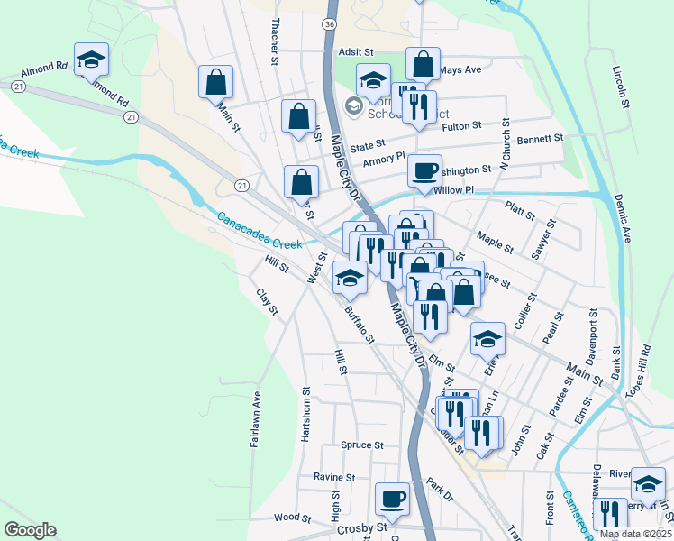 map of restaurants, bars, coffee shops, grocery stores, and more near 6 West Street in Hornell