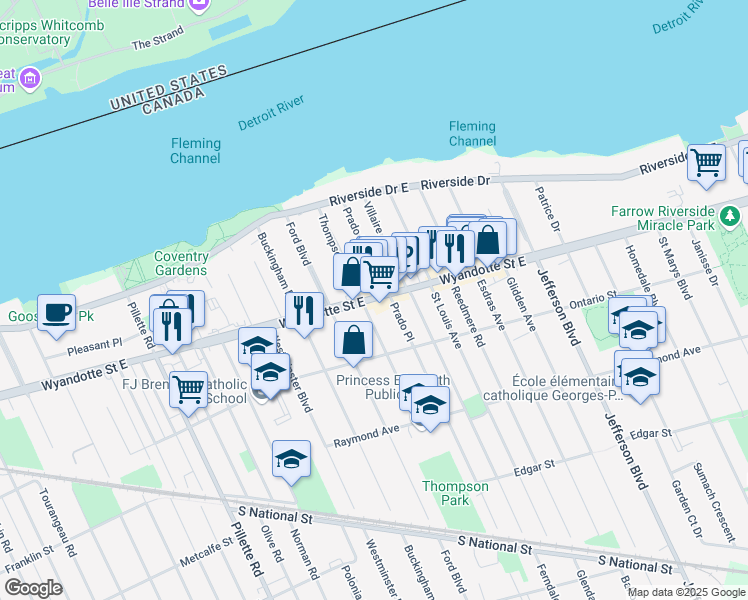 map of restaurants, bars, coffee shops, grocery stores, and more near 5440 Wyandotte Street East in Windsor