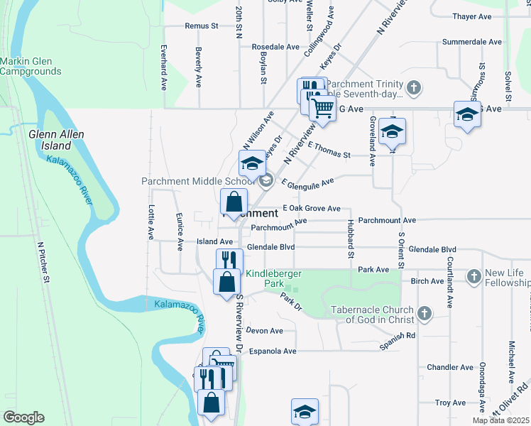 map of restaurants, bars, coffee shops, grocery stores, and more near in Parchment