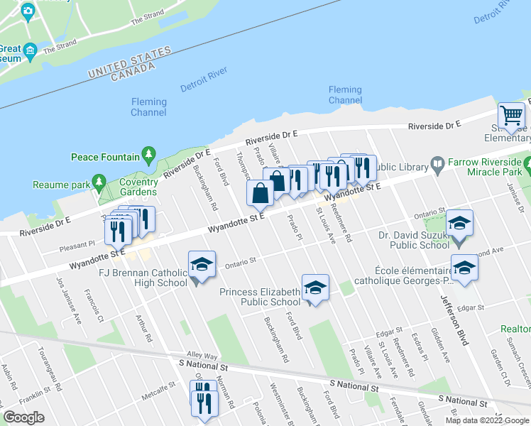 map of restaurants, bars, coffee shops, grocery stores, and more near 285 Thompson Boulevard in Windsor
