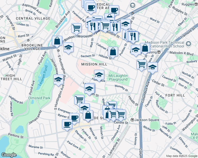 map of restaurants, bars, coffee shops, grocery stores, and more near 107 Fisher Avenue in Boston