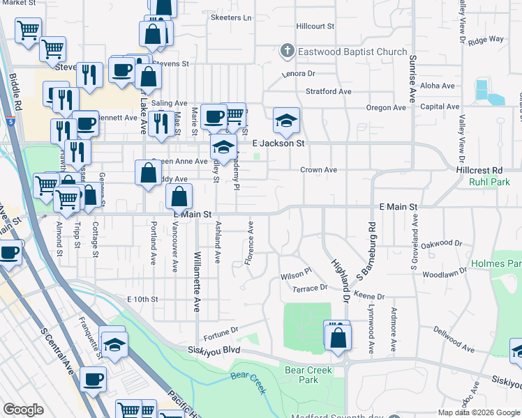 map of restaurants, bars, coffee shops, grocery stores, and more near 1442 Euclid Avenue in Medford