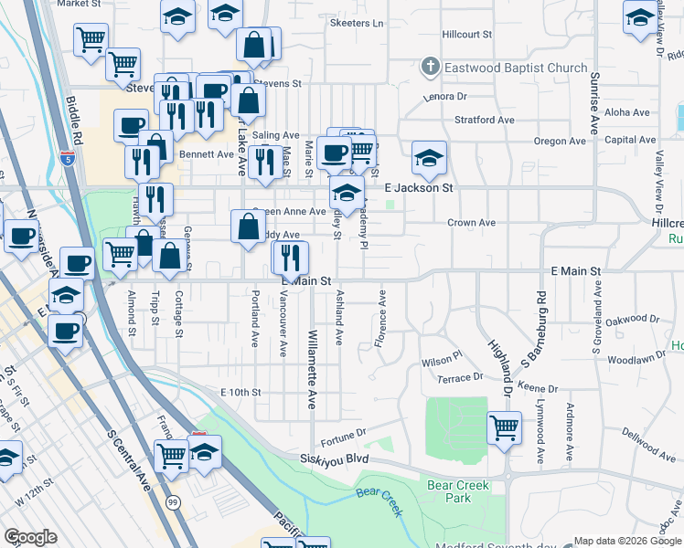 map of restaurants, bars, coffee shops, grocery stores, and more near 1301 East Main Street in Medford