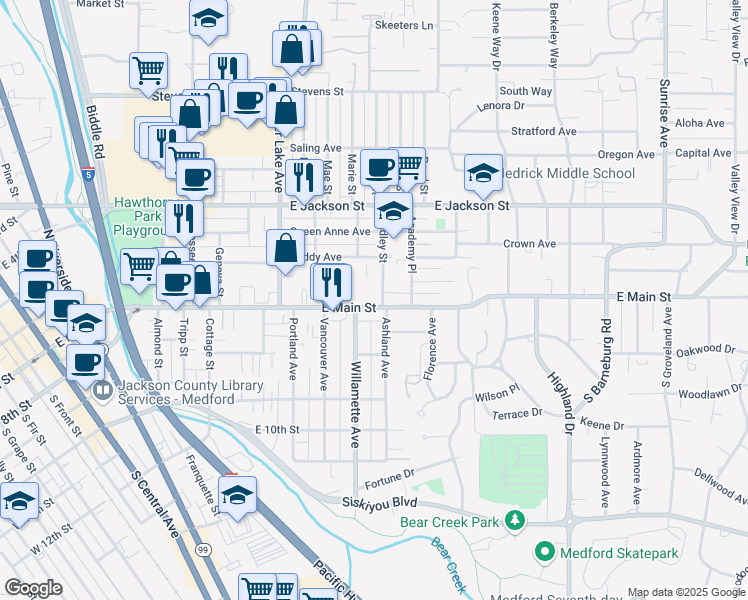map of restaurants, bars, coffee shops, grocery stores, and more near 1215 East Main Street in Medford