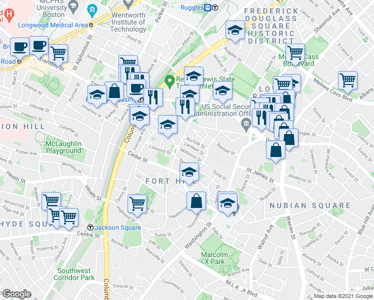 map of restaurants, bars, coffee shops, grocery stores, and more near 20 Lambert Street in Boston