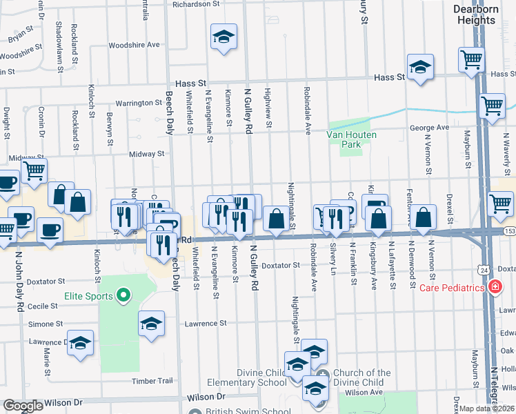 map of restaurants, bars, coffee shops, grocery stores, and more near 5763 North Gulley Road in Dearborn Heights