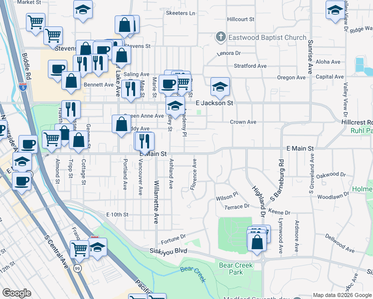 map of restaurants, bars, coffee shops, grocery stores, and more near 1414 Euclid Avenue in Medford