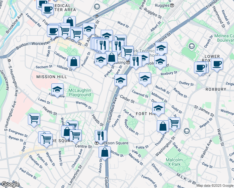 map of restaurants, bars, coffee shops, grocery stores, and more near Columbus Ave & Cedar St in Boston