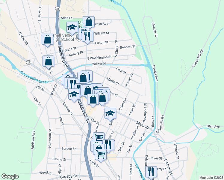 map of restaurants, bars, coffee shops, grocery stores, and more near 64 Genesee Street in Hornell