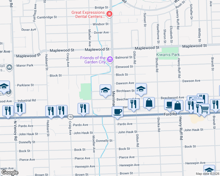 map of restaurants, bars, coffee shops, grocery stores, and more near 5950 Merriman Road in Garden City