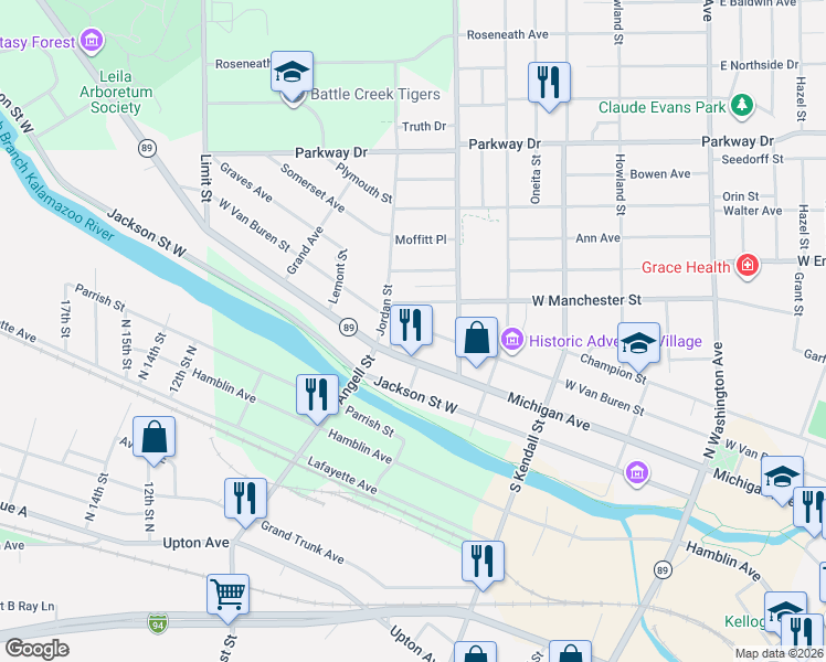 map of restaurants, bars, coffee shops, grocery stores, and more near 558 West Van Buren Street in Battle Creek