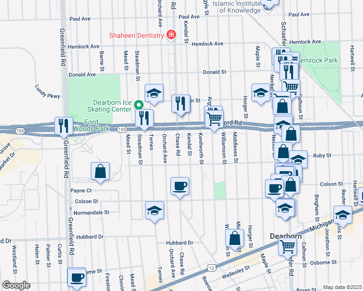 map of restaurants, bars, coffee shops, grocery stores, and more near 5520 Chase Road in Dearborn
