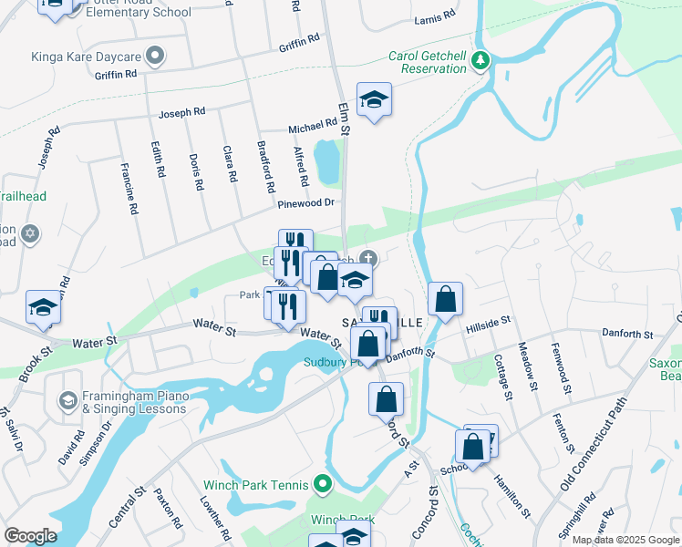 map of restaurants, bars, coffee shops, grocery stores, and more near 88 Elm Street in Framingham