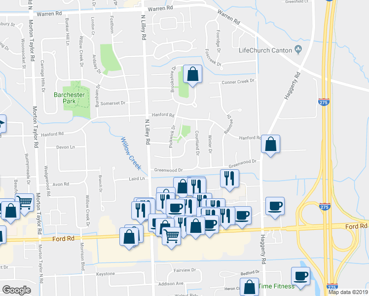 map of restaurants, bars, coffee shops, grocery stores, and more near 42085 Hartford Drive in Canton