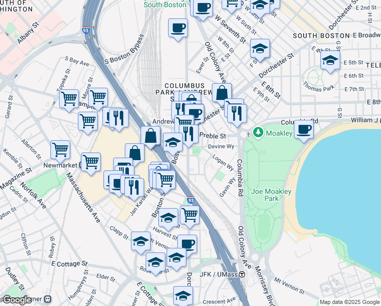 map of restaurants, bars, coffee shops, grocery stores, and more near 626 Dorchester Avenue in Boston