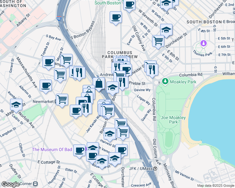 map of restaurants, bars, coffee shops, grocery stores, and more near 27-33 Boston Street in Boston