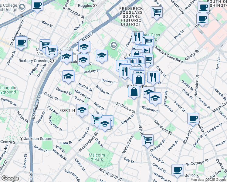 map of restaurants, bars, coffee shops, grocery stores, and more near 2405 Washington Street in Boston