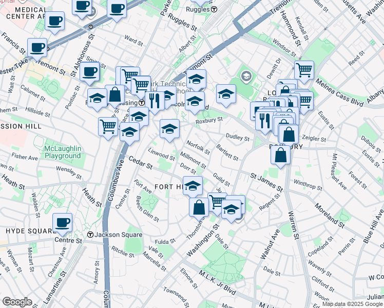 map of restaurants, bars, coffee shops, grocery stores, and more near 20 Lambert Street in Boston