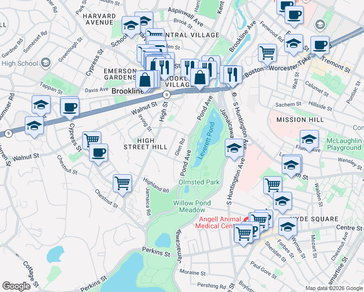 map of restaurants, bars, coffee shops, grocery stores, and more near 25 Glen Road in Brookline