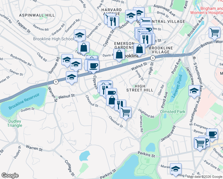 map of restaurants, bars, coffee shops, grocery stores, and more near 19 Oakland Road in Brookline