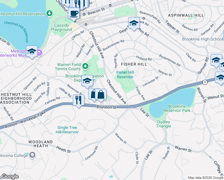 map of restaurants, bars, coffee shops, grocery stores, and more near 635 Chestnut Hill Avenue in Brookline