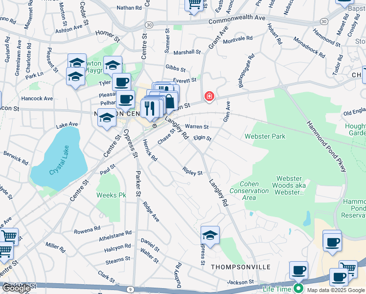 map of restaurants, bars, coffee shops, grocery stores, and more near 123 Langley Road in Newton