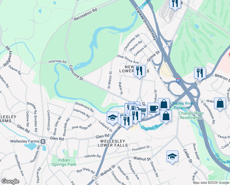 map of restaurants, bars, coffee shops, grocery stores, and more near 144 Concord Street in Newton