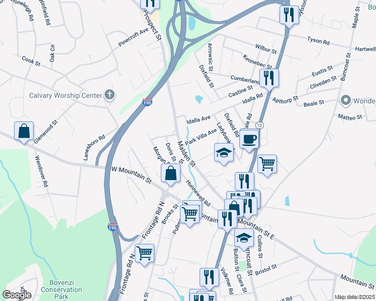 map of restaurants, bars, coffee shops, grocery stores, and more near 90 Malden Street in Worcester