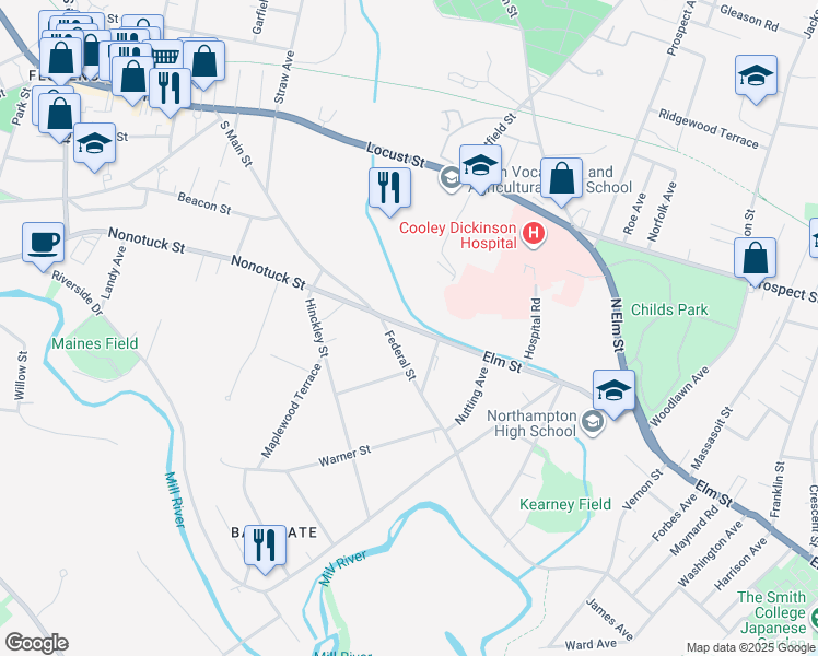 map of restaurants, bars, coffee shops, grocery stores, and more near 576 Elm Street in Northampton