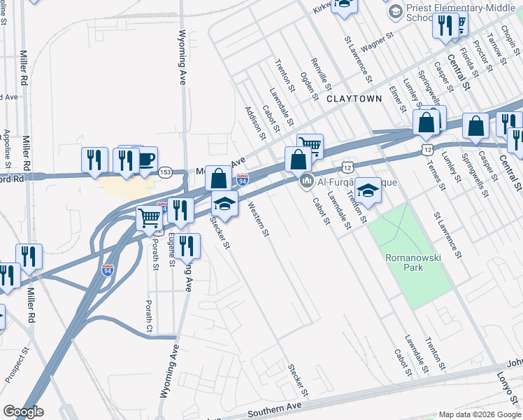 map of restaurants, bars, coffee shops, grocery stores, and more near 4426 Western Street in Detroit