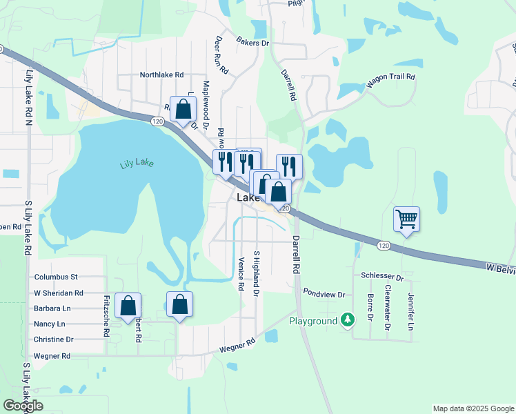 map of restaurants, bars, coffee shops, grocery stores, and more near in Lakemoor