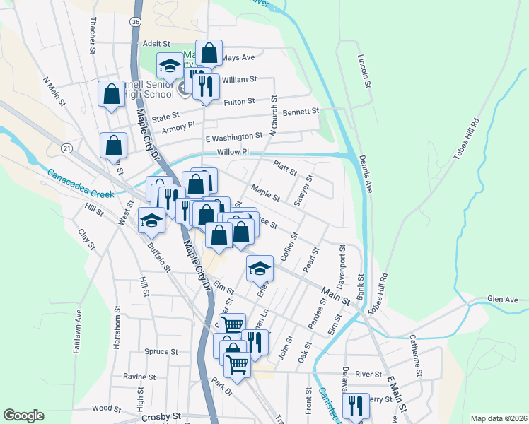 map of restaurants, bars, coffee shops, grocery stores, and more near 64 Genesee Street in Hornell