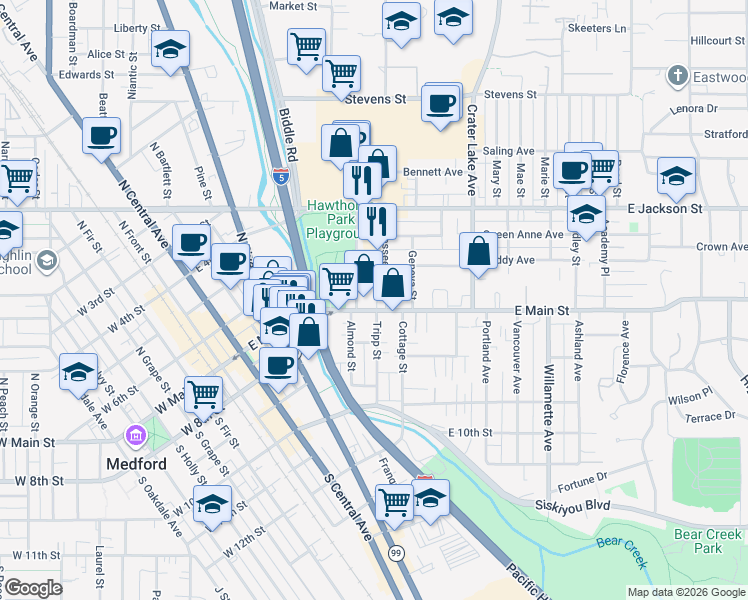 map of restaurants, bars, coffee shops, grocery stores, and more near 619 East Main Street in Medford