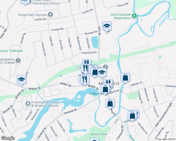 map of restaurants, bars, coffee shops, grocery stores, and more near 61 Nicholas Road in Framingham