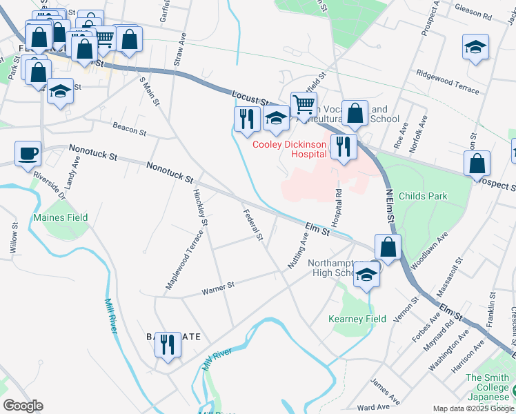 map of restaurants, bars, coffee shops, grocery stores, and more near 576 Elm Street in Northampton
