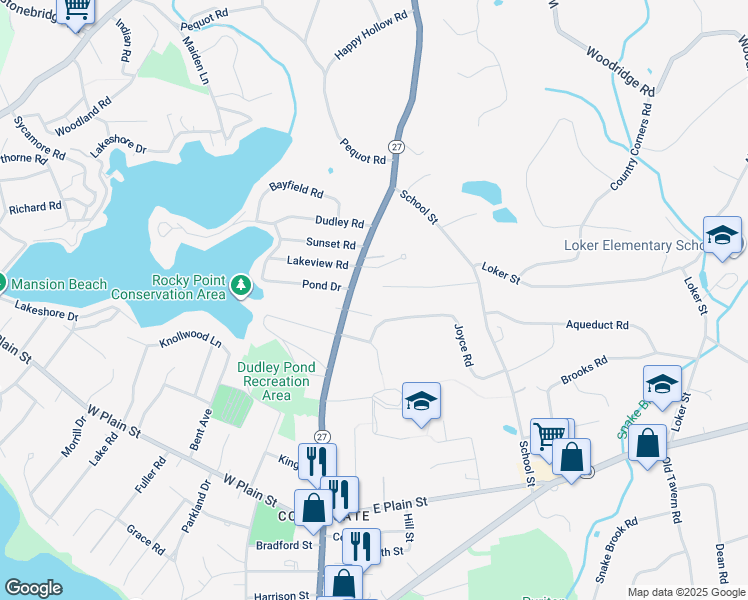 map of restaurants, bars, coffee shops, grocery stores, and more near 46 Peck Avenue in Wayland