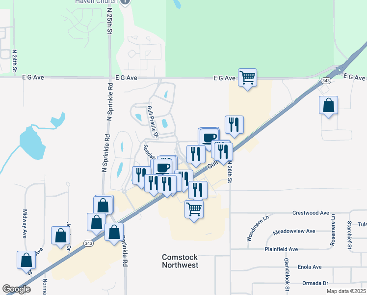 map of restaurants, bars, coffee shops, grocery stores, and more near 5855 Gull Run Drive in Kalamazoo