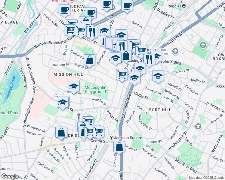 map of restaurants, bars, coffee shops, grocery stores, and more near 228 Calumet Street in Boston