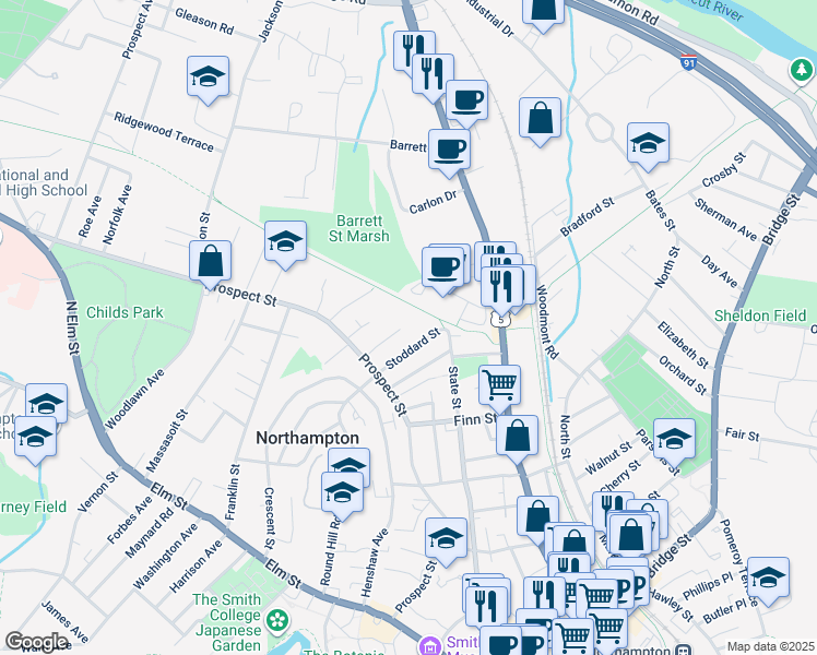 map of restaurants, bars, coffee shops, grocery stores, and more near 29 Winter Street in Northampton