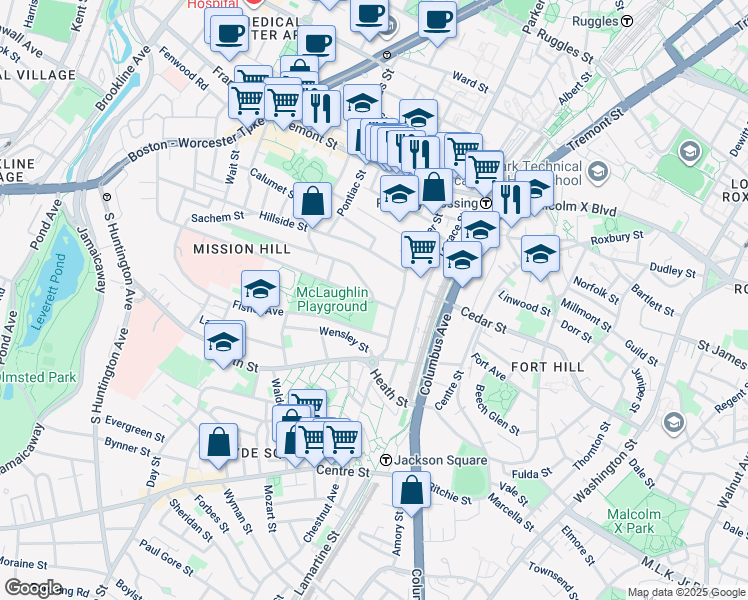 map of restaurants, bars, coffee shops, grocery stores, and more near 228 Calumet Street in Boston