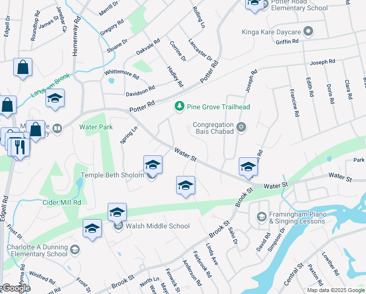 map of restaurants, bars, coffee shops, grocery stores, and more near 455 Water St in Framingham