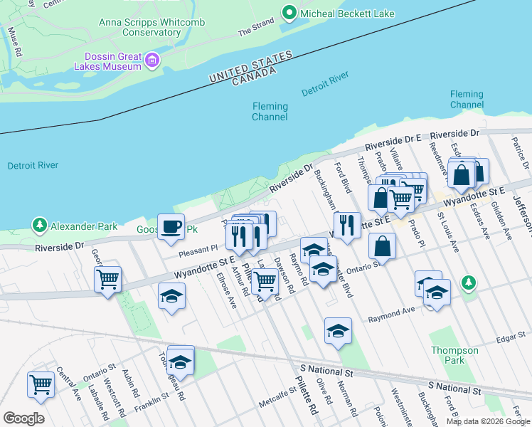 map of restaurants, bars, coffee shops, grocery stores, and more near 5055 Riverside Drive East in Windsor