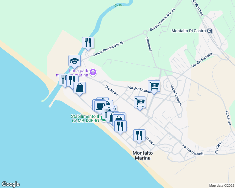 map of restaurants, bars, coffee shops, grocery stores, and more near 60 Via Arbea in Montalto Marina