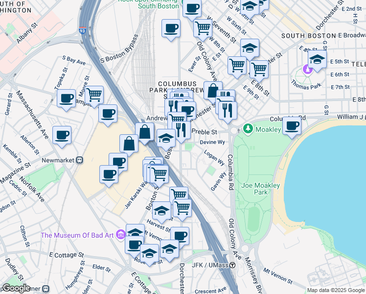 map of restaurants, bars, coffee shops, grocery stores, and more near 626 Dorchester Avenue in Boston