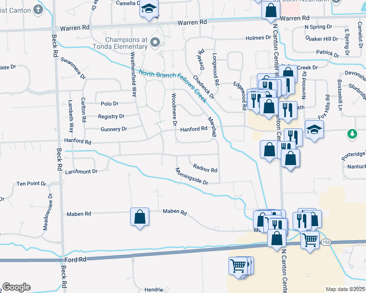 map of restaurants, bars, coffee shops, grocery stores, and more near 45733 Bryn Mawr Road in Canton