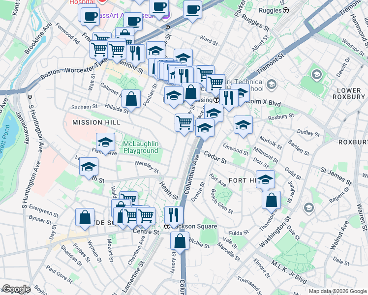 map of restaurants, bars, coffee shops, grocery stores, and more near 123 Terrace Street in Boston