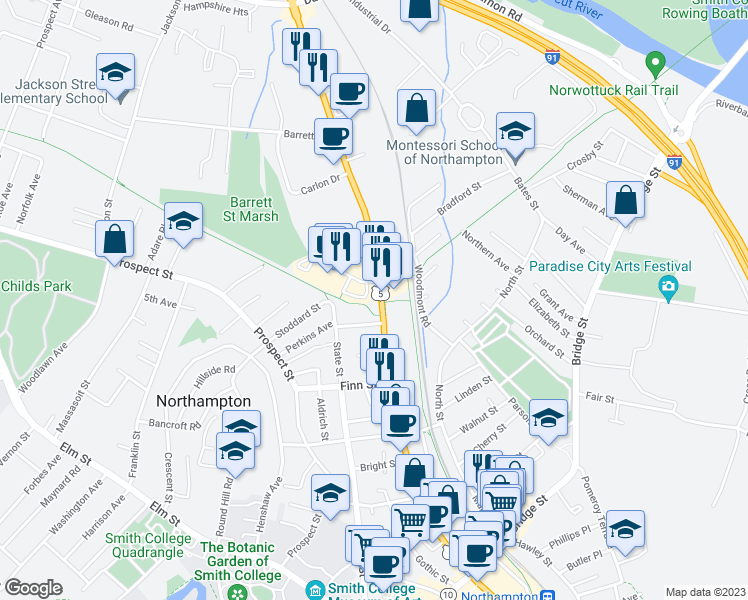 map of restaurants, bars, coffee shops, grocery stores, and more near 220 King Street in Northampton