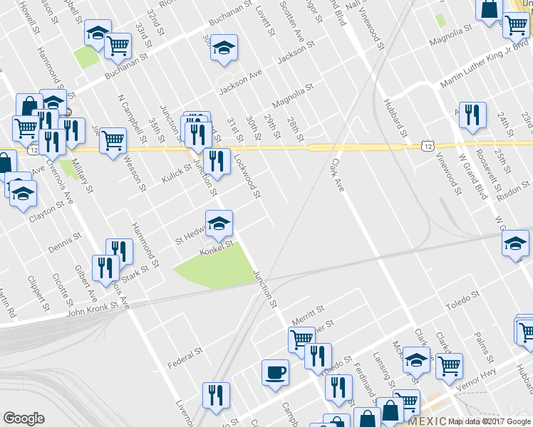 map of restaurants, bars, coffee shops, grocery stores, and more near 3205 Lockwood Street in Detroit